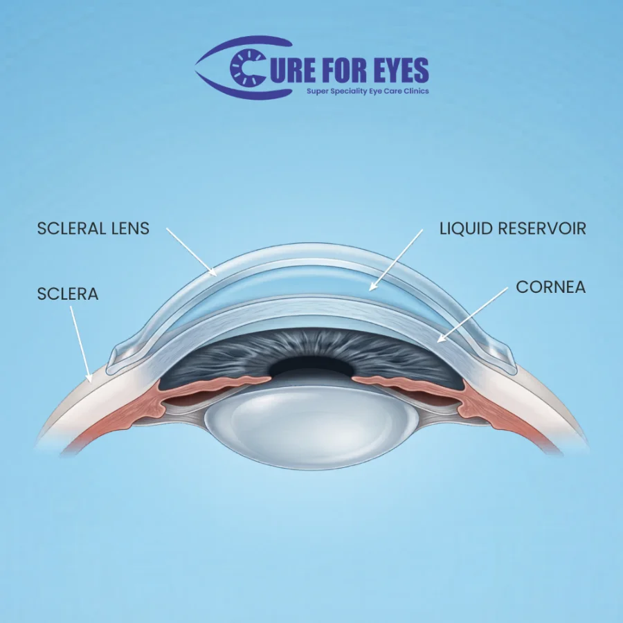 Cross-section diagram of a scleral contact lens vaulting over the cornea with a liquid reservoir, labelling the sclera, scleral lens, liquid reservoir and cornea - Cure For Eyes