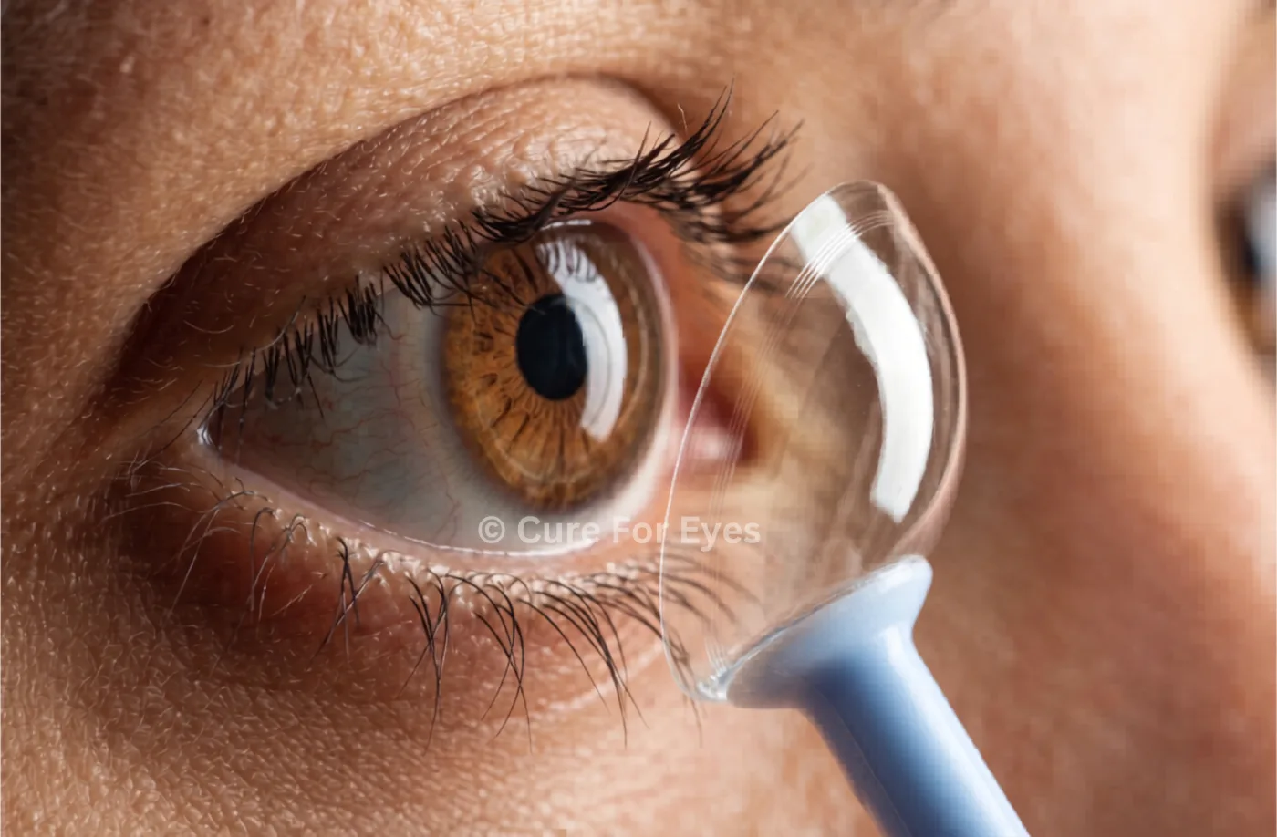 Close-up of a scleral contact lens being fitted onto a patient's eye for keratoconus treatment at Cure For Eyes, Gurugram