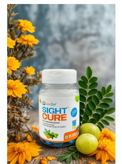 SightCure eye care tablets bottle by CureSee with marigold flowers